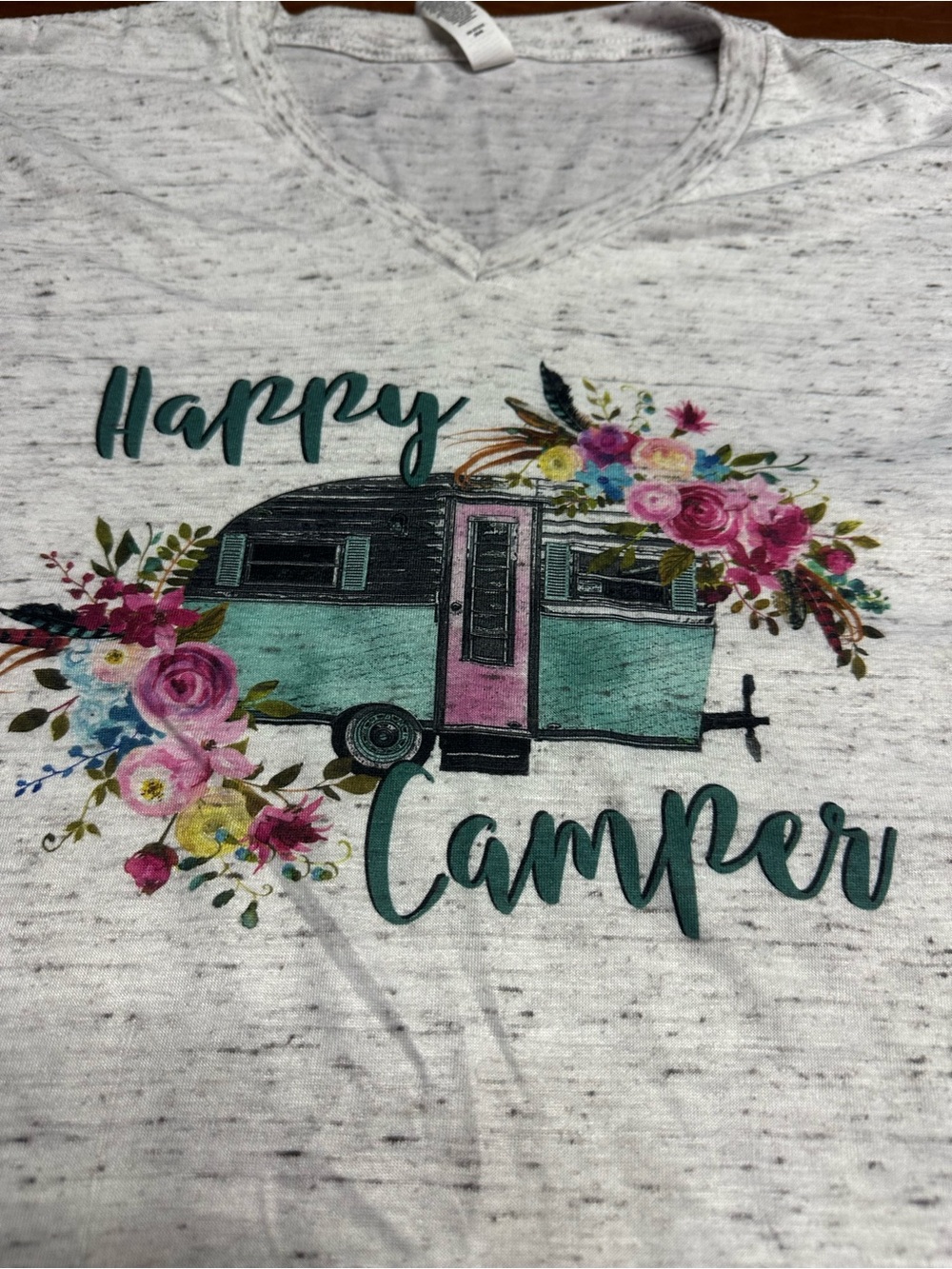 Bella Canvas Heather Gray Floral 'Happy Camper' V-neck T_Shirt, 2X